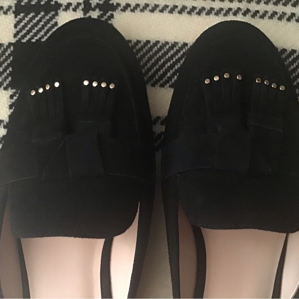 Kate Spade Black Suede Leather Berkeley Slide Mules Gold studded Tassels Size 7B - Picture 7 of 11